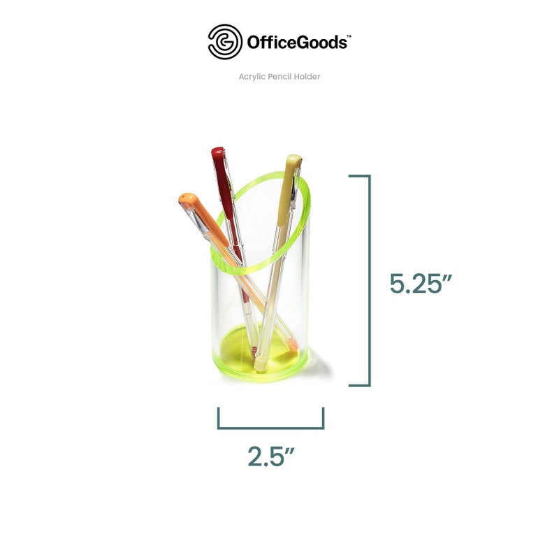 OfficeGoods Acrylic Pen & Pencil Holder - Modern Cylinder Design - Beautiful Desk Organizer for Home or Office - Contrasting Base & Rim - 5.25â€ H x 2.5â€ W - Neon Green - Image 4